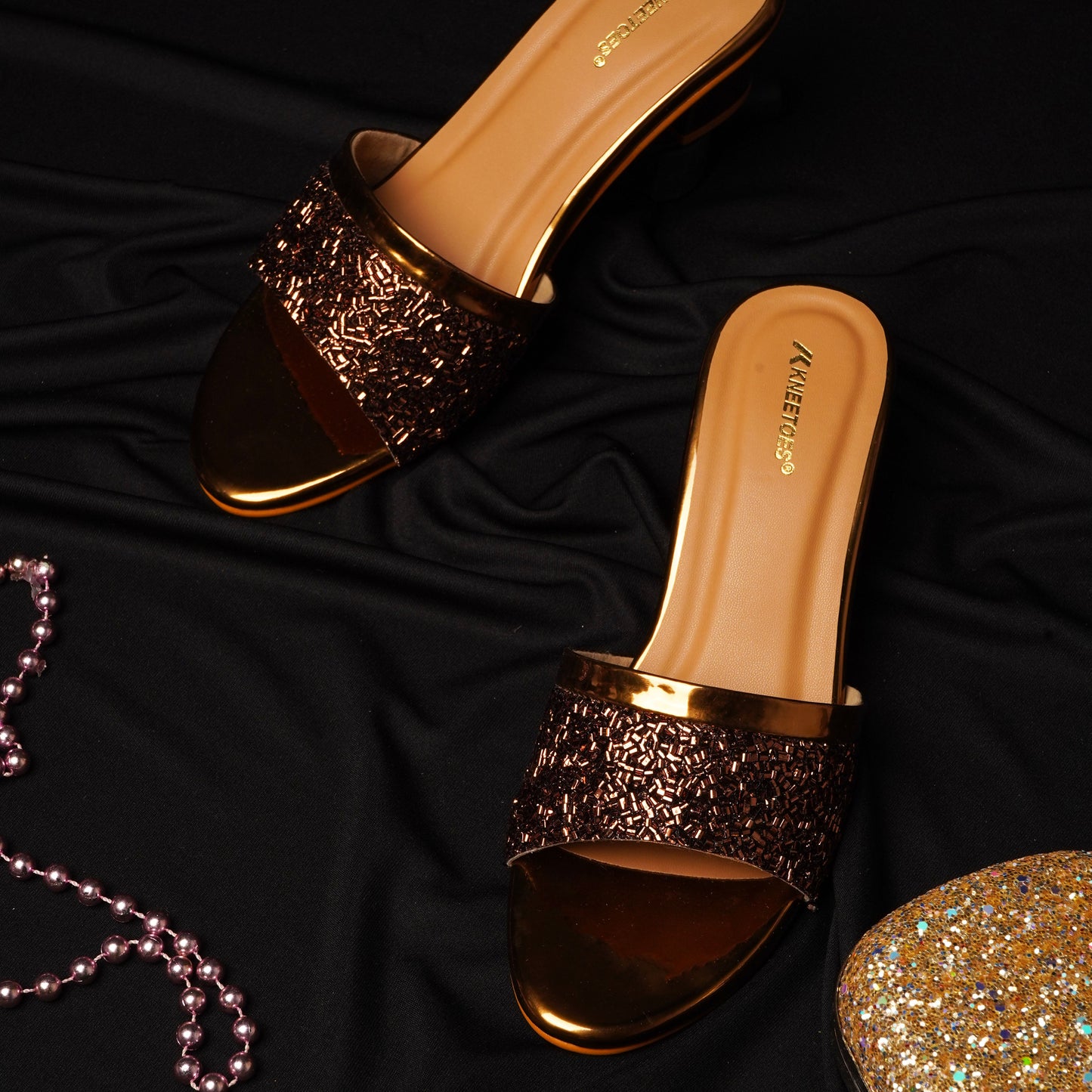 Exquisite Shiny finish Rose Gold Slipper featuring Peep toe Design for Party wear