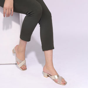 Metallic Gold Block Heel Square-Toe Sandals