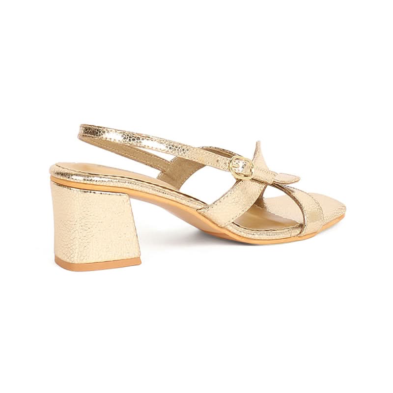 Elegant Gold Metallic Block Heel Sandals with Twisted Strap Design