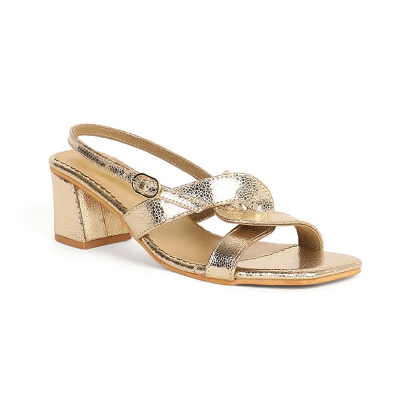 Elegant Gold Metallic Block Heel Sandals with Twisted Strap Design