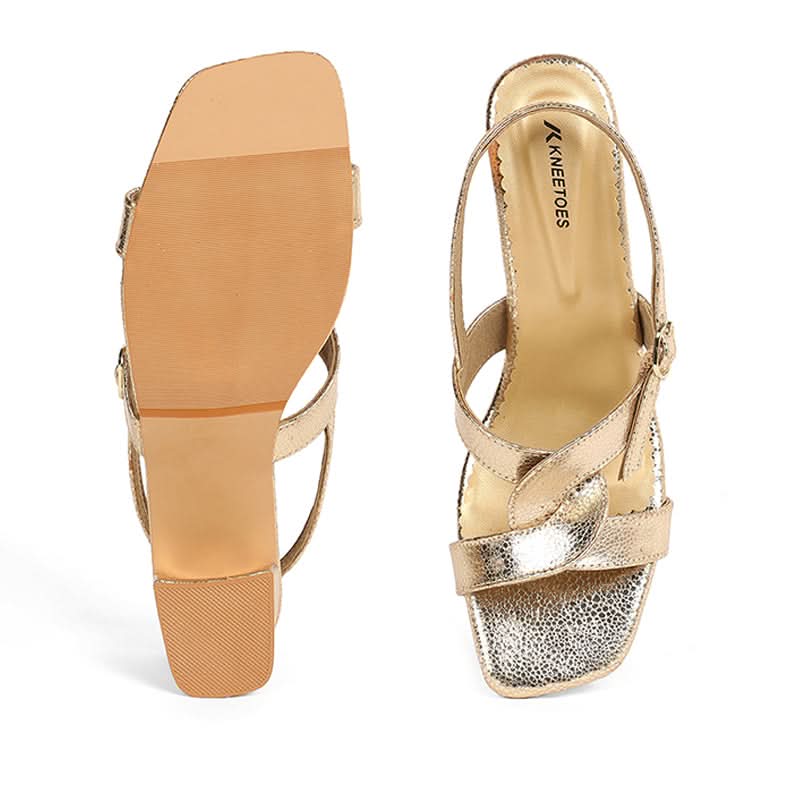 Elegant Gold Metallic Block Heel Sandals with Twisted Strap Design