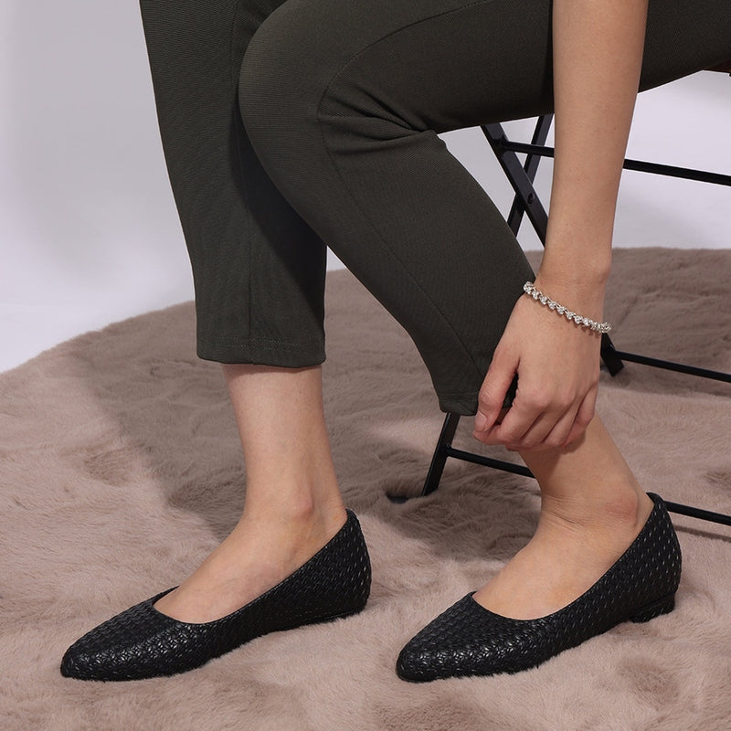 Textured Black Lightweight Block Heel Ballerinas
