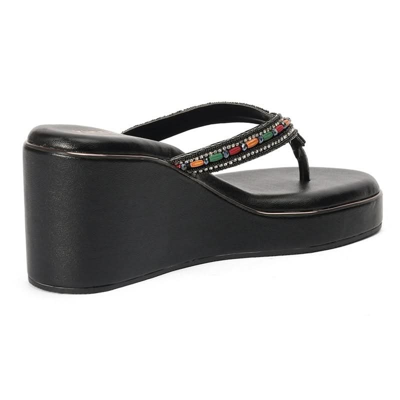 Embellished Premium Black Wedge Thong Sandals