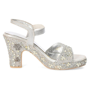 Premium Embellished Silver Block Heel Sandals