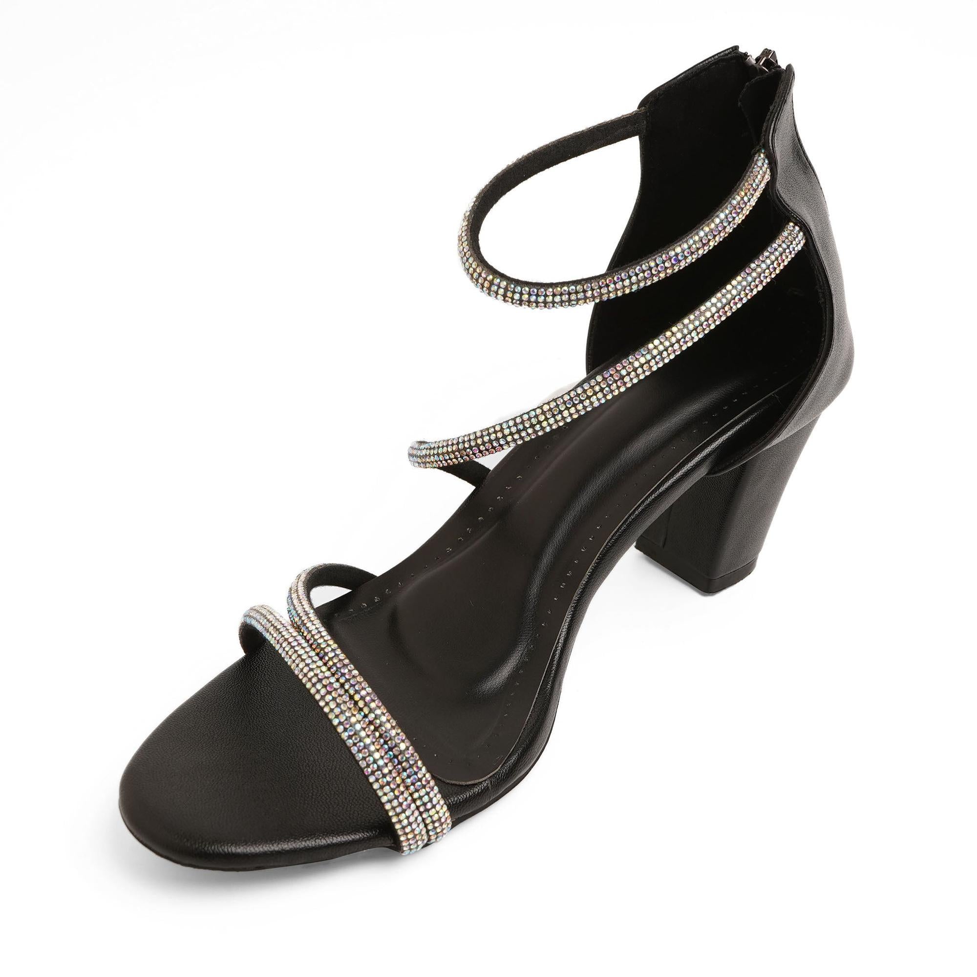 Sparkly Black Block Heel Party Sandals