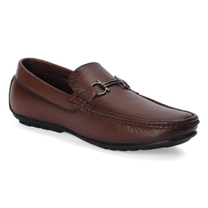 Tan Leather Loafers with Buckle Accent