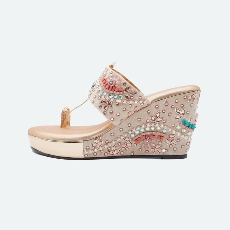 Fusion Beaded Glam Rose-Gold Wedge Heels