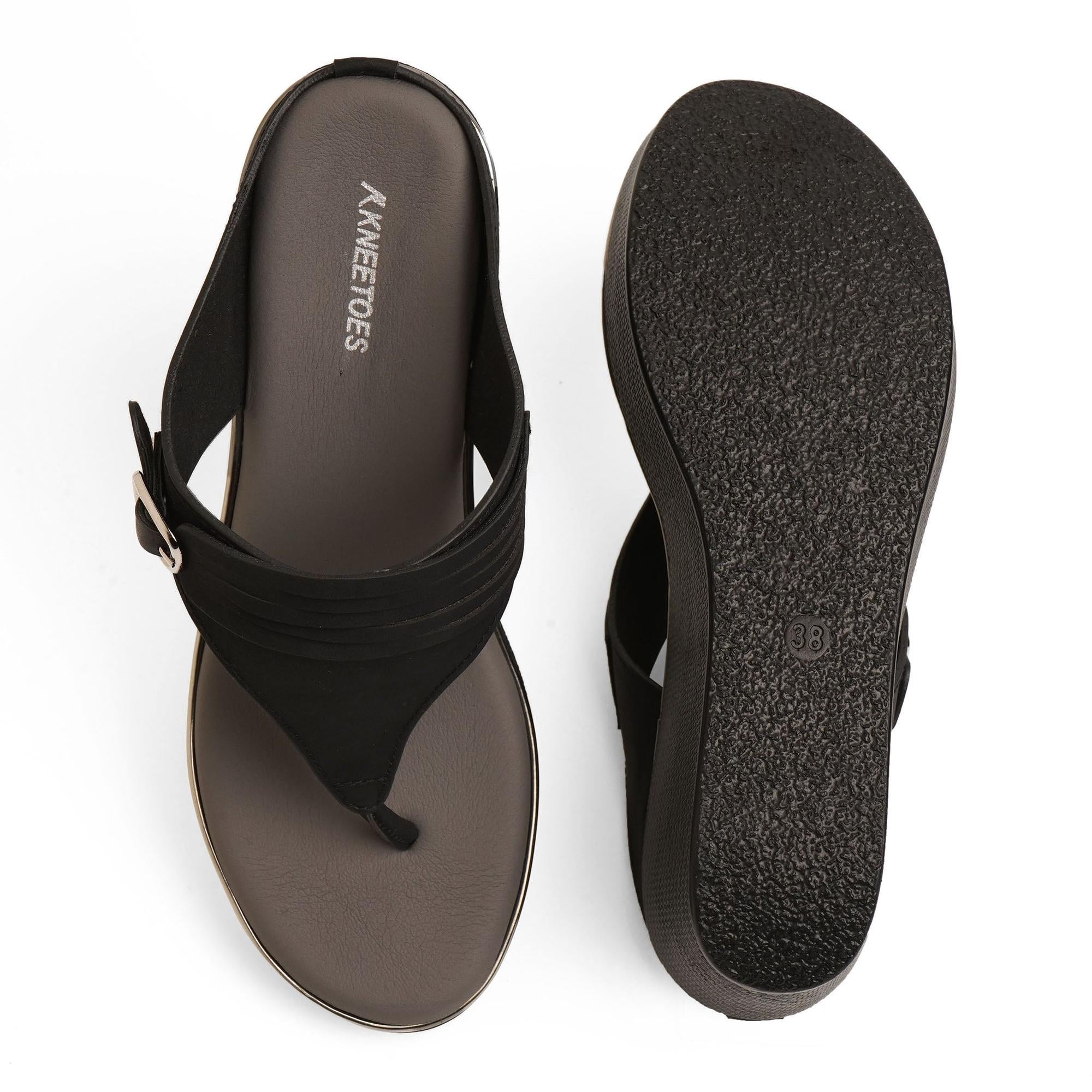 Classic Black Buckled Wedge Sandals