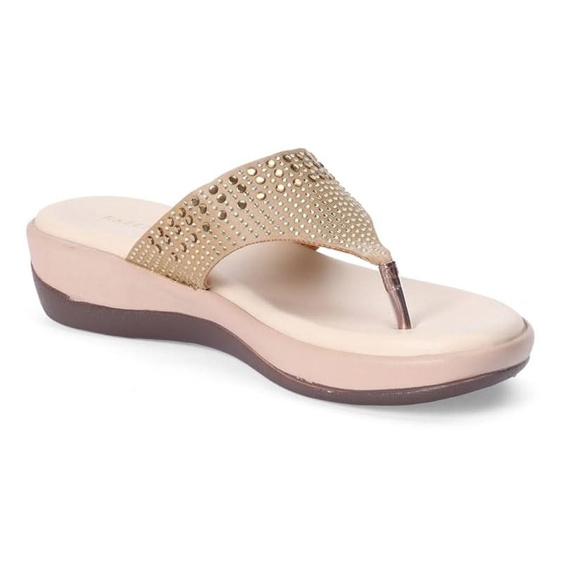Embellished Beige Wedge Heel Flip-Flops