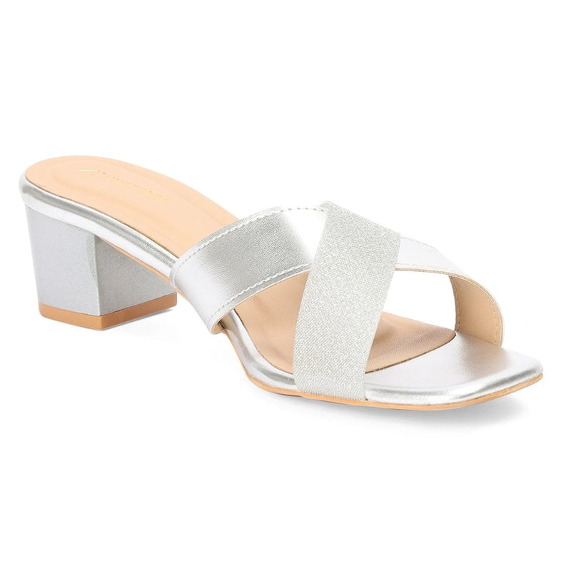 Silver Luxe Crossover Block Heel Sandals