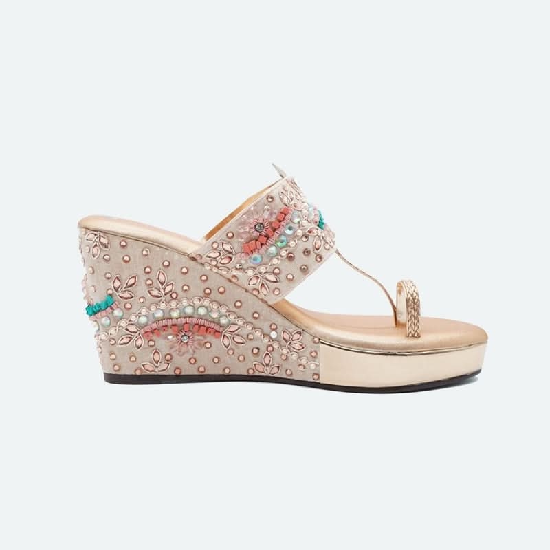 Fusion Beaded Glam Rose-Gold Wedge Heels