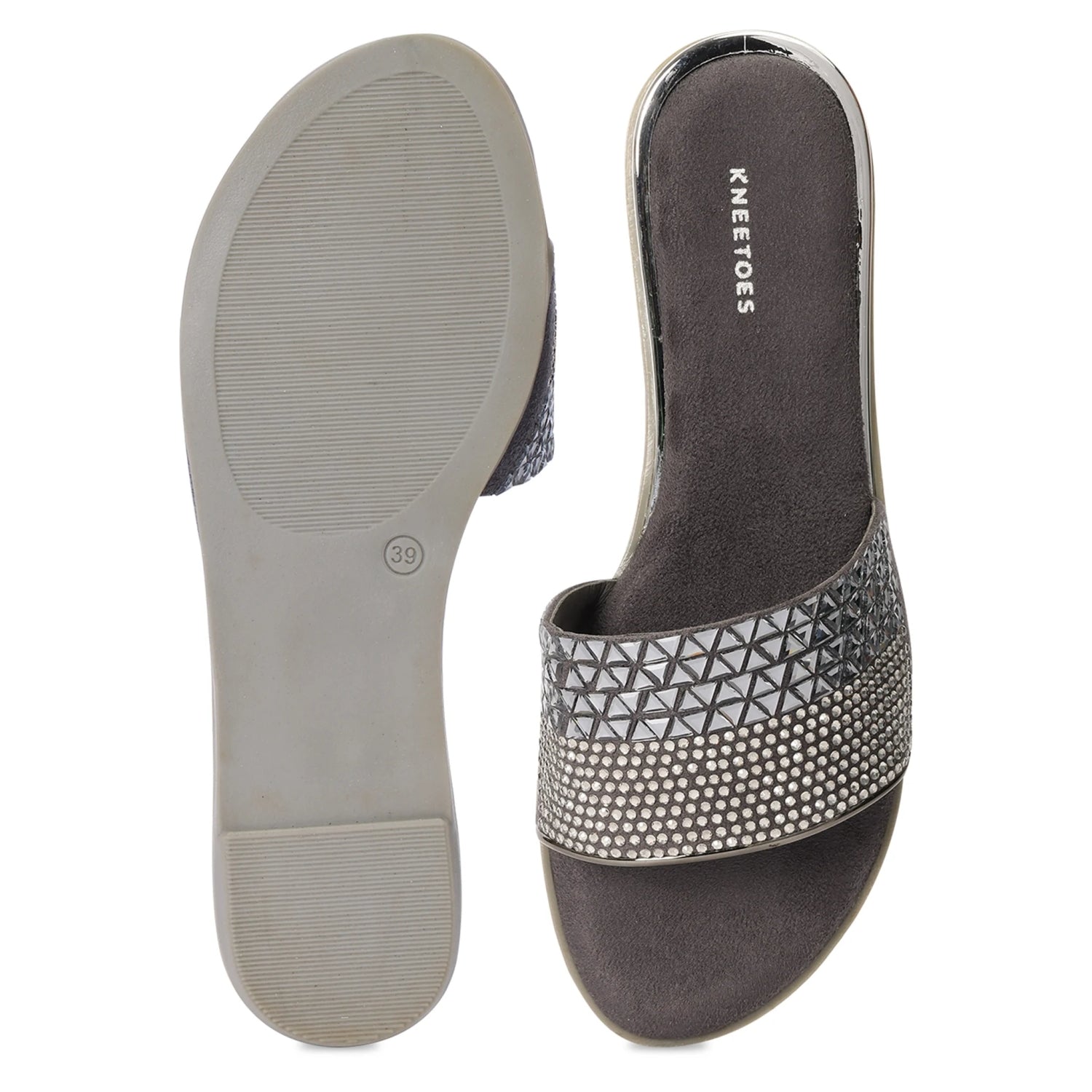 Embellished Grey Open-Toe Sliders