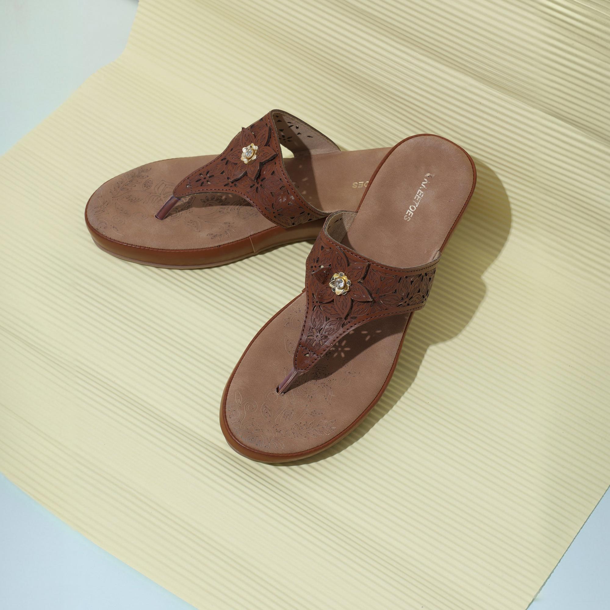 Classic Brown Flower Cut-Work Thong Sandals