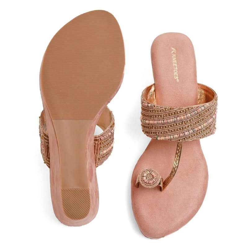 Crystal-Beaded Light Pink Wedge Heels
