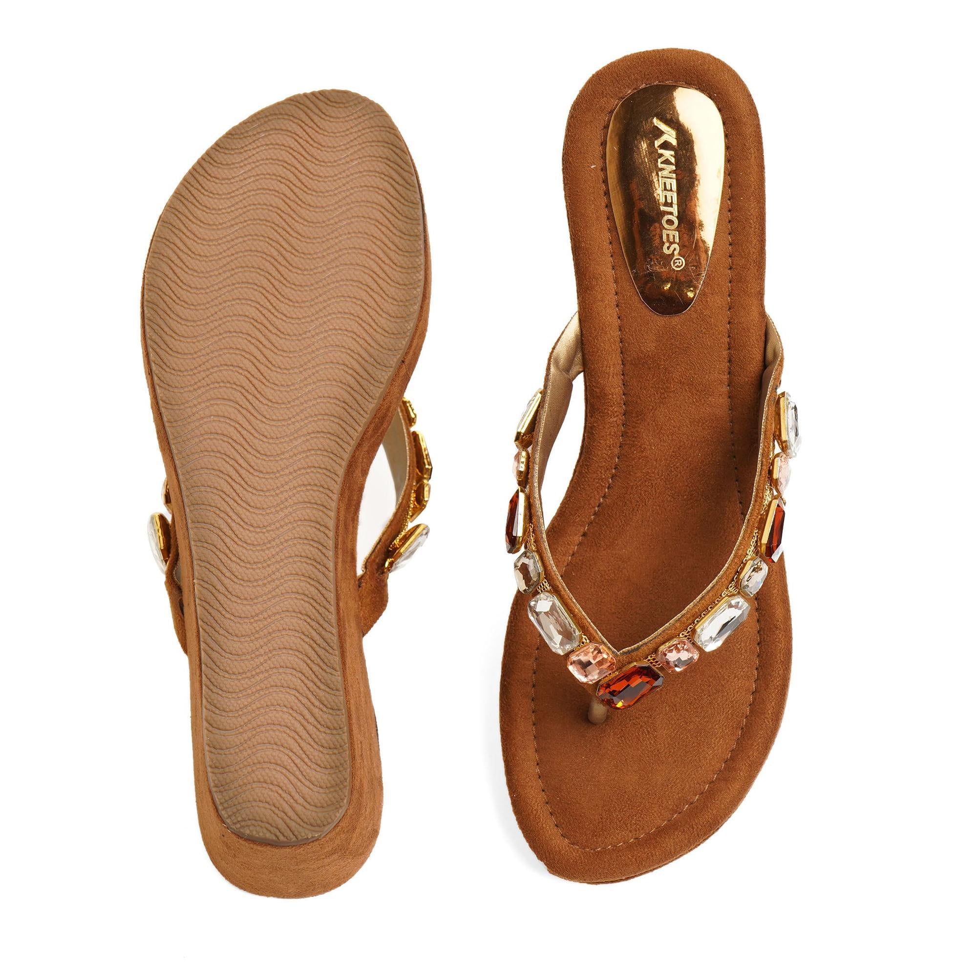 Gem-Studded Brown Wedge Party Sandals