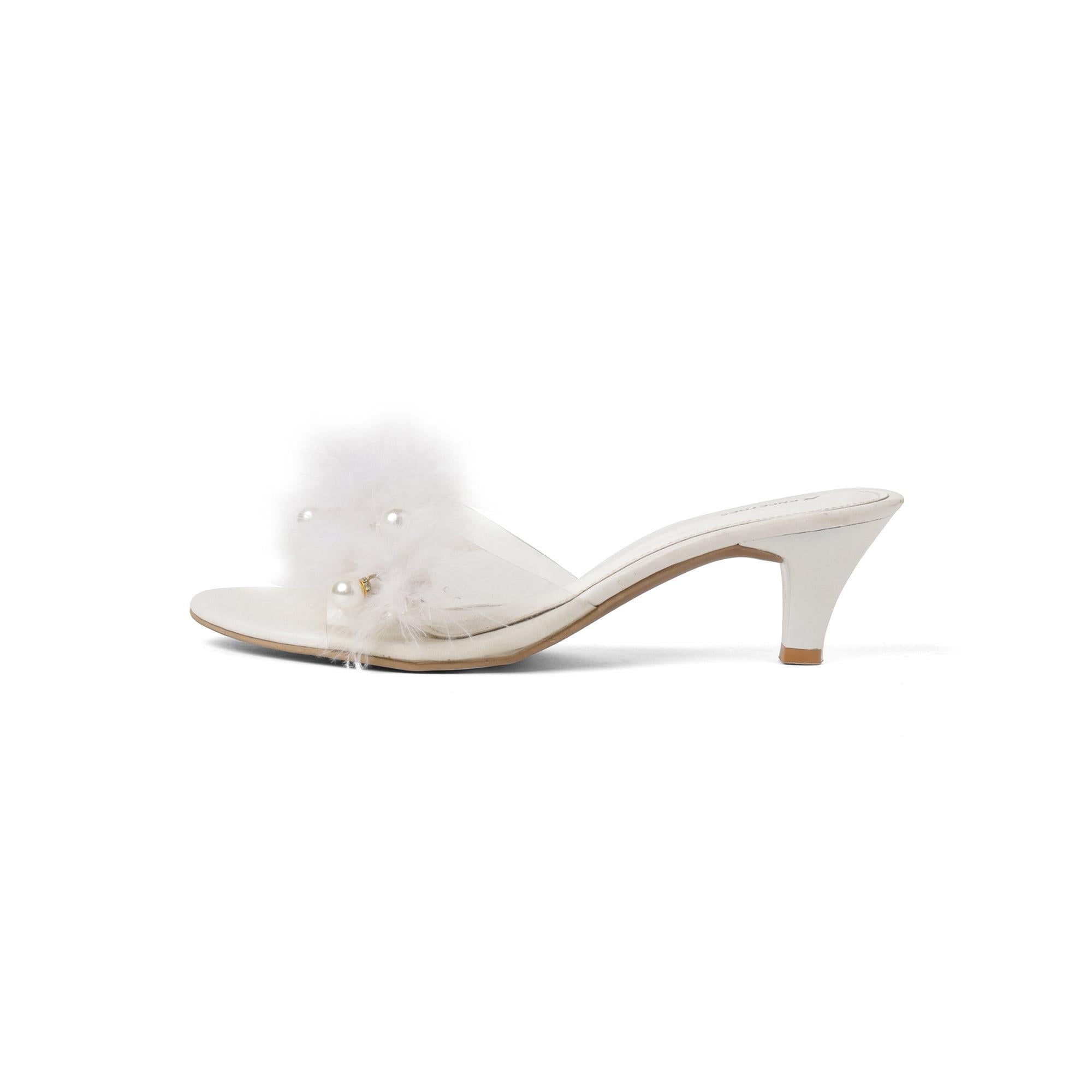 White Soft Fur pearl Kitten Heels