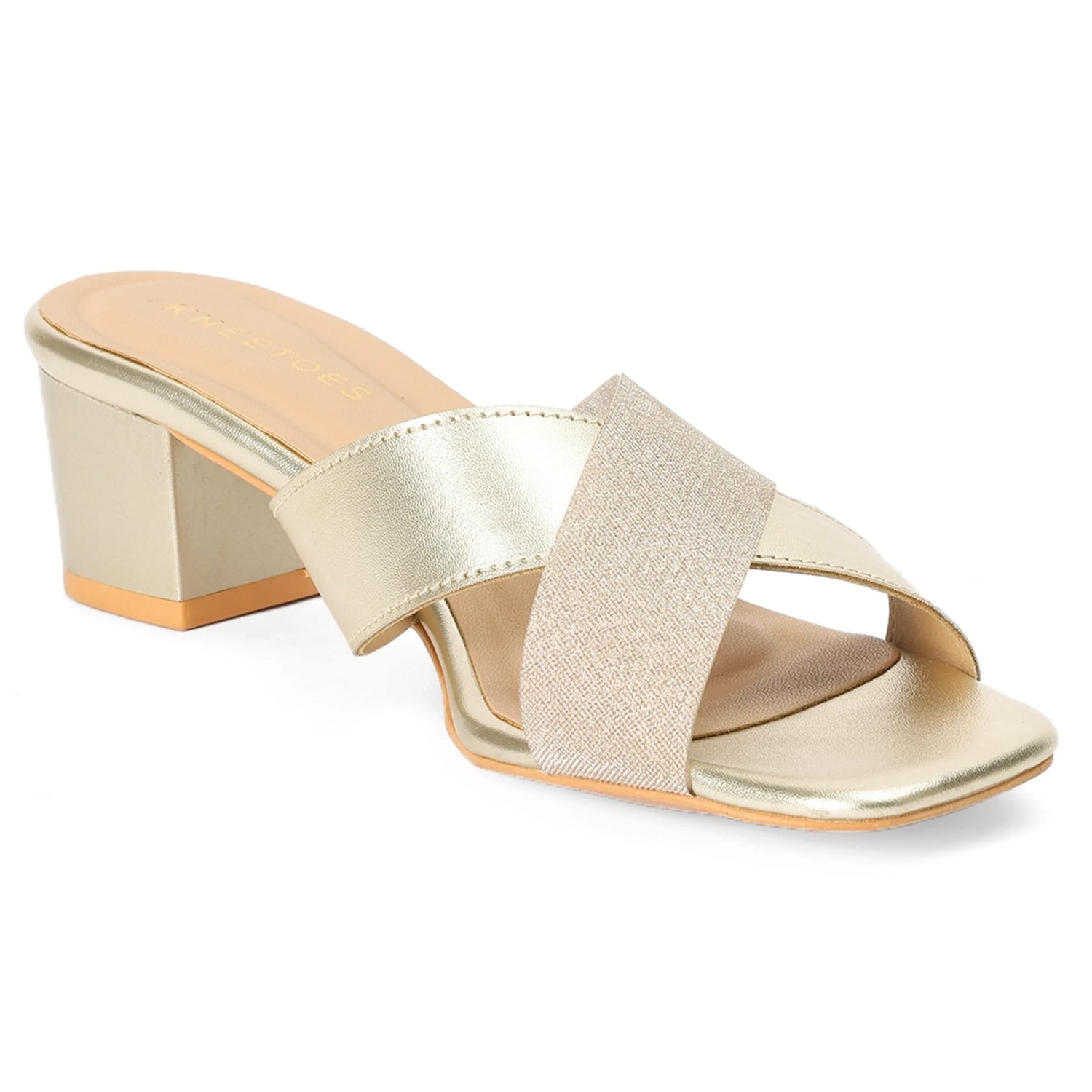 Metallic Gold Block Heel Square-Toe Sandals