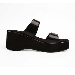 Shiny-Pop Black Open-Toe Wedge Heels