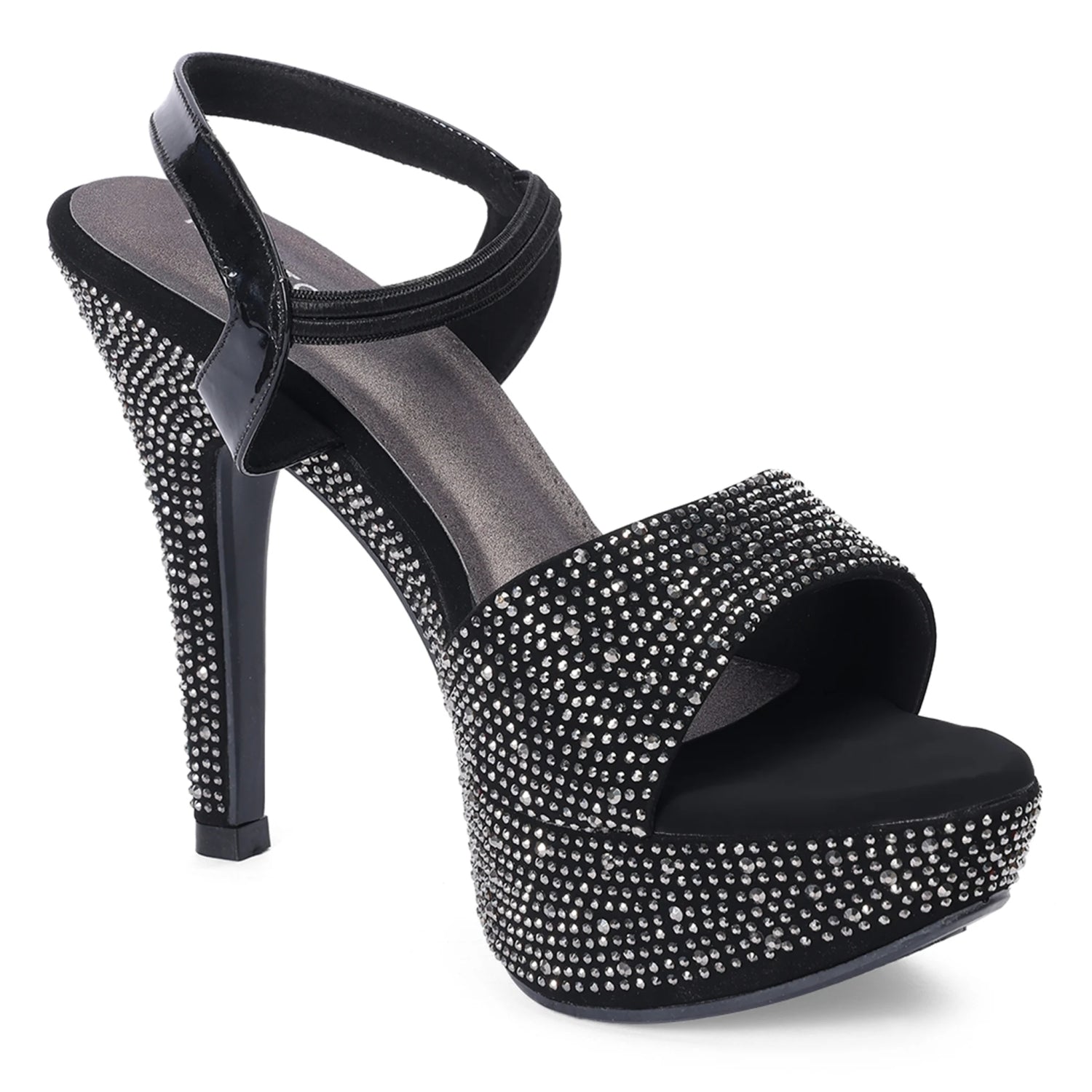 Rhinestone Embellished Black Stiletto Sandals