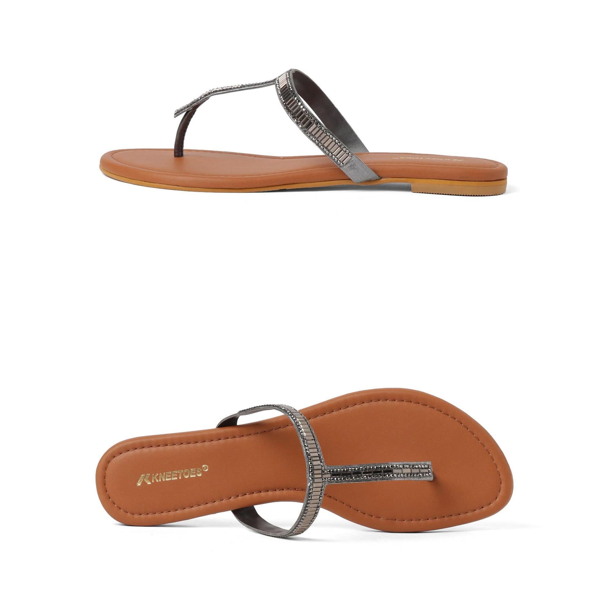 Sparkly Silver Embellished Casual T-Strap Sandals