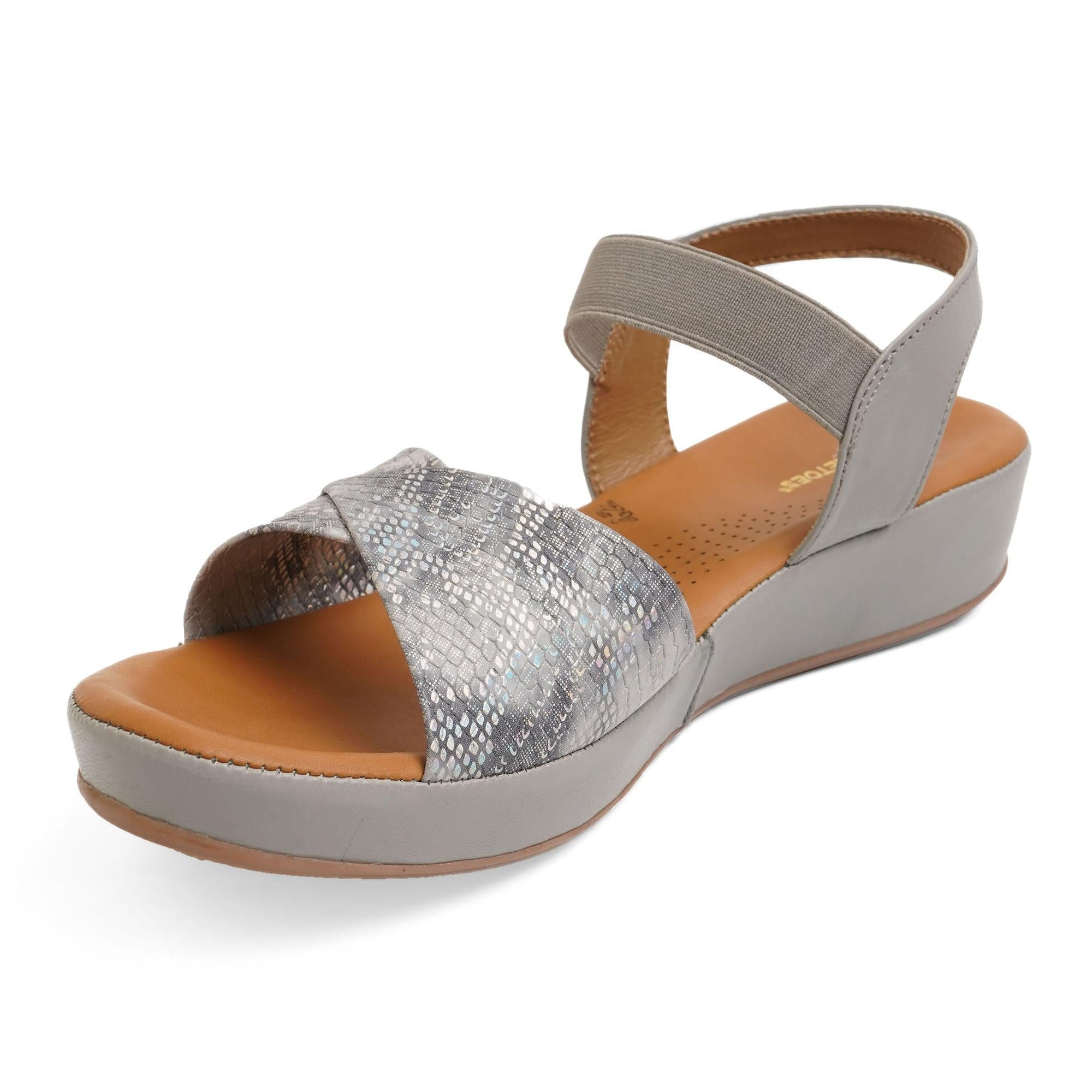 Grey Leather Reptile Print Comfort Sole Wedge Sandals