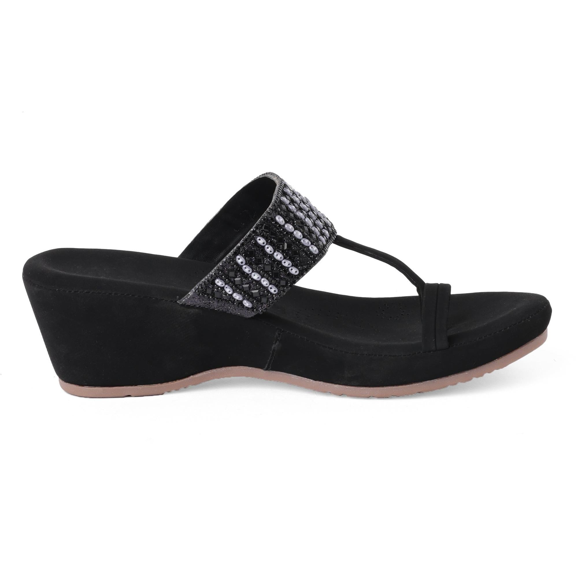 Black Beaded Stone-Work Wedge Sandals