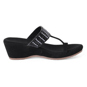 Black Beaded Stone-Work Wedge Sandals