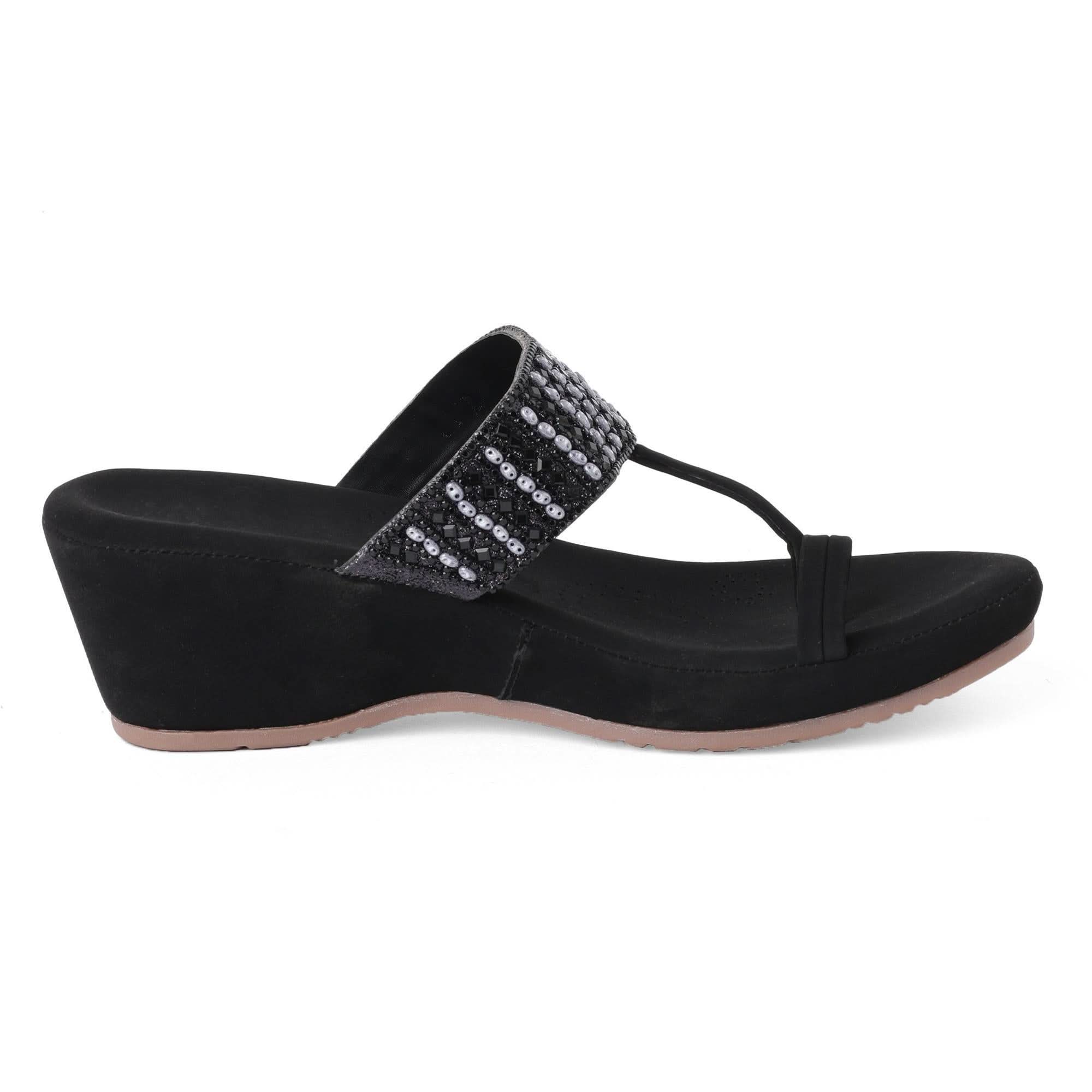 Black Beaded Stone-Work Wedge Sandals