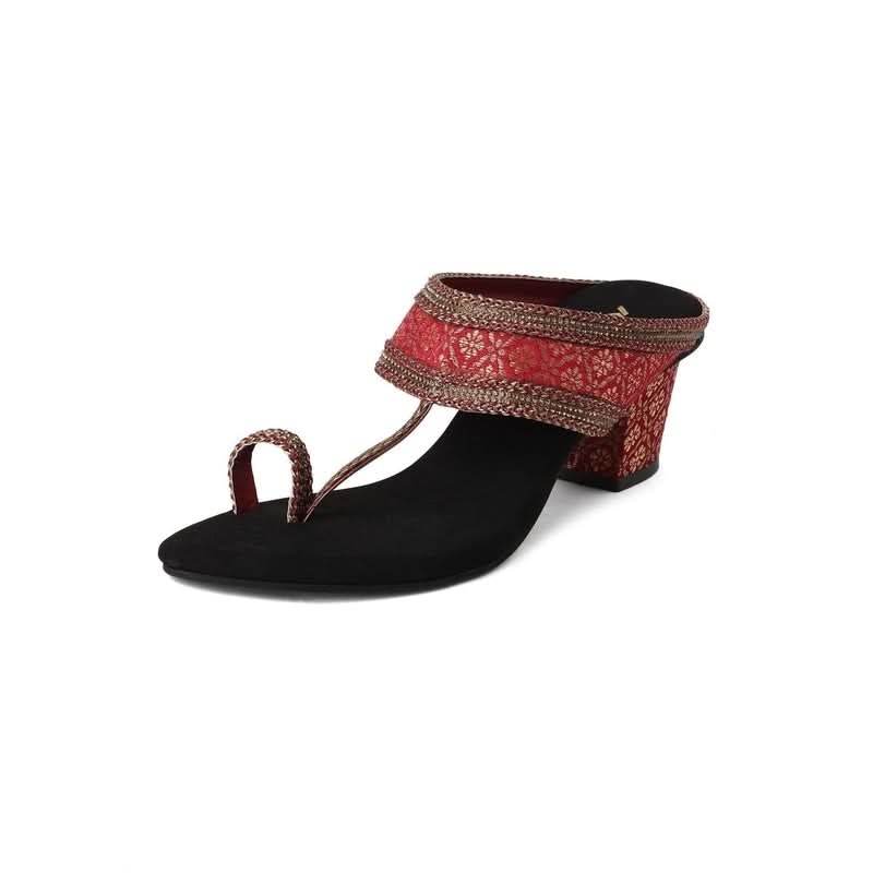 Regal Red Ethnic-Motif Block Heels