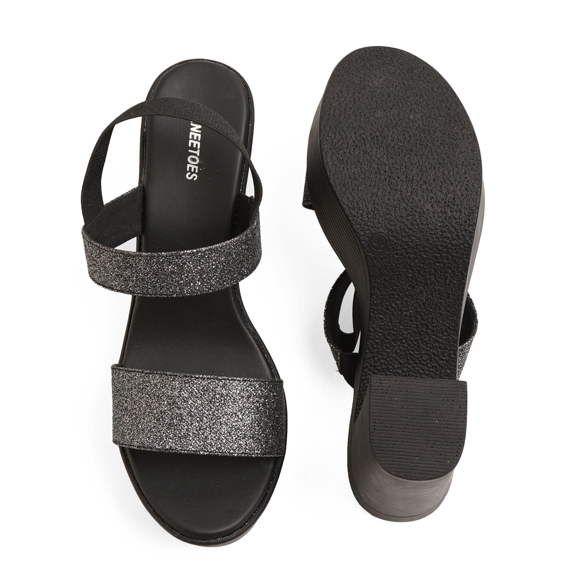 Shimmering Black Stacked High Heels