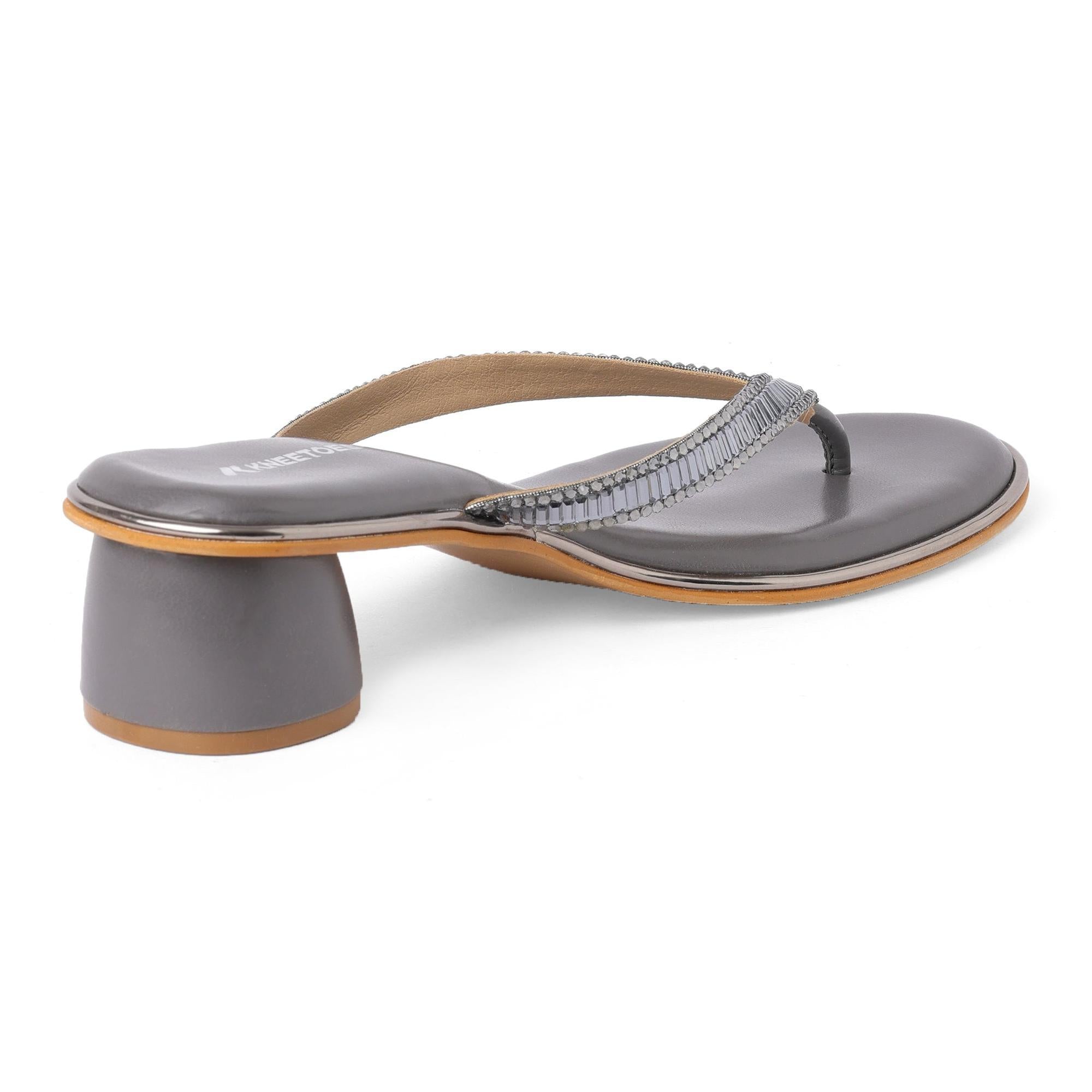Crystal Studded Grey Cylindrical Thong Sandals