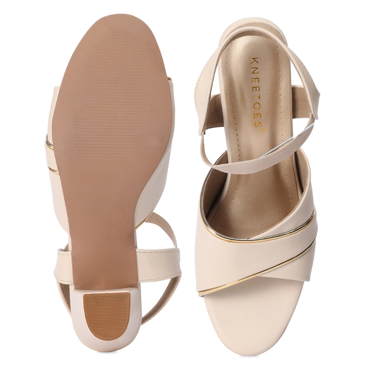 Champagne Nude Beige Metallic Trim Block Heel Sandals