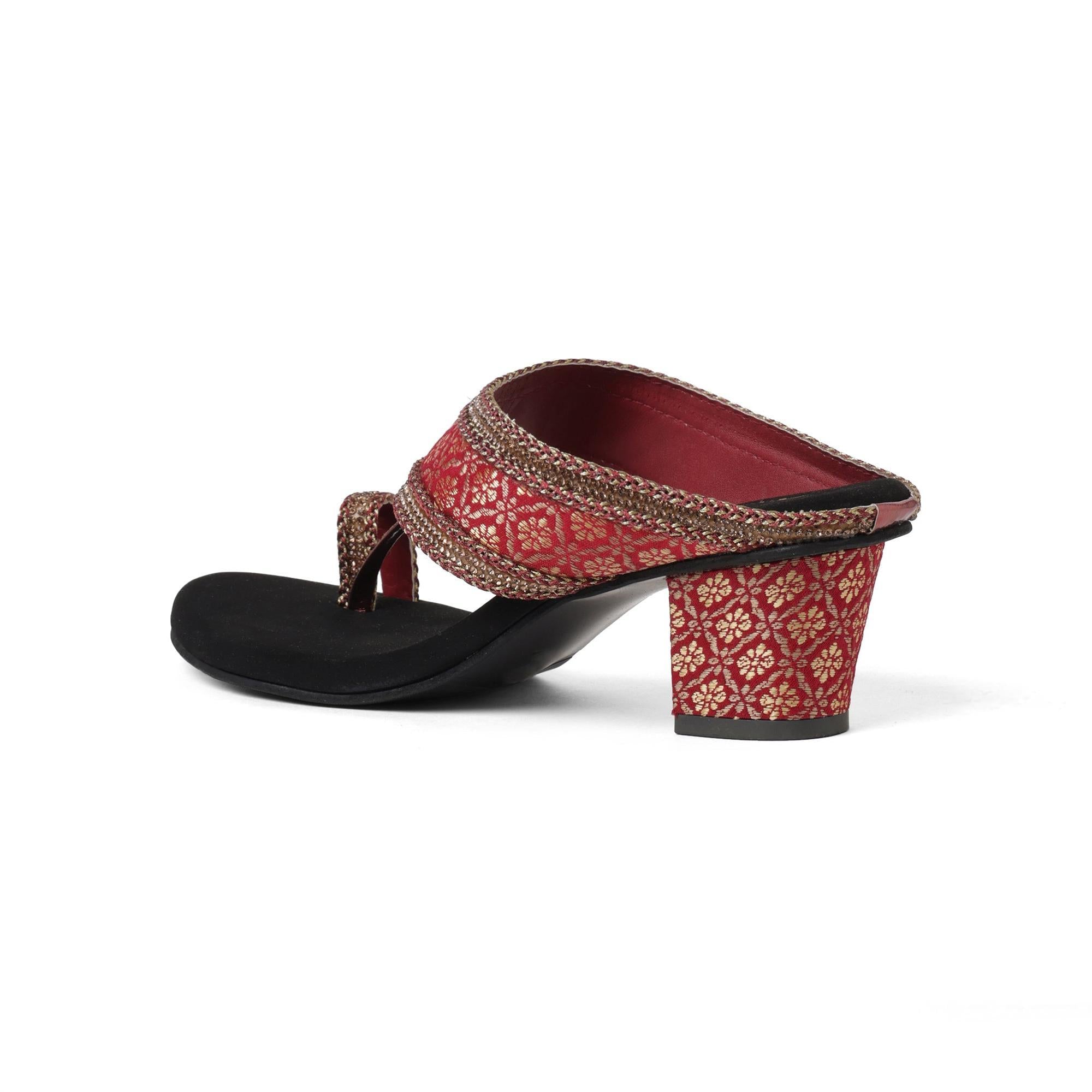 Regal Red Ethnic-Motif Block Heels