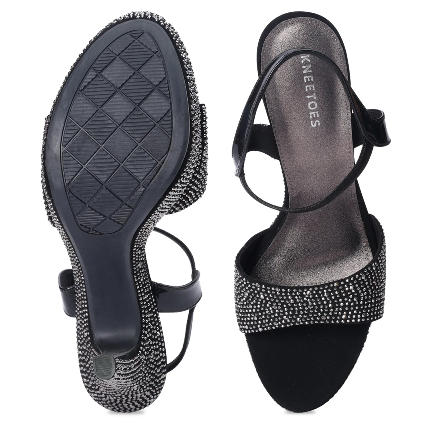 Rhinestone Embellished Black Stiletto Sandals