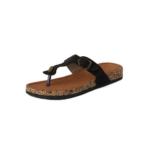 Jet Black Leather Buckled Thong Sandals