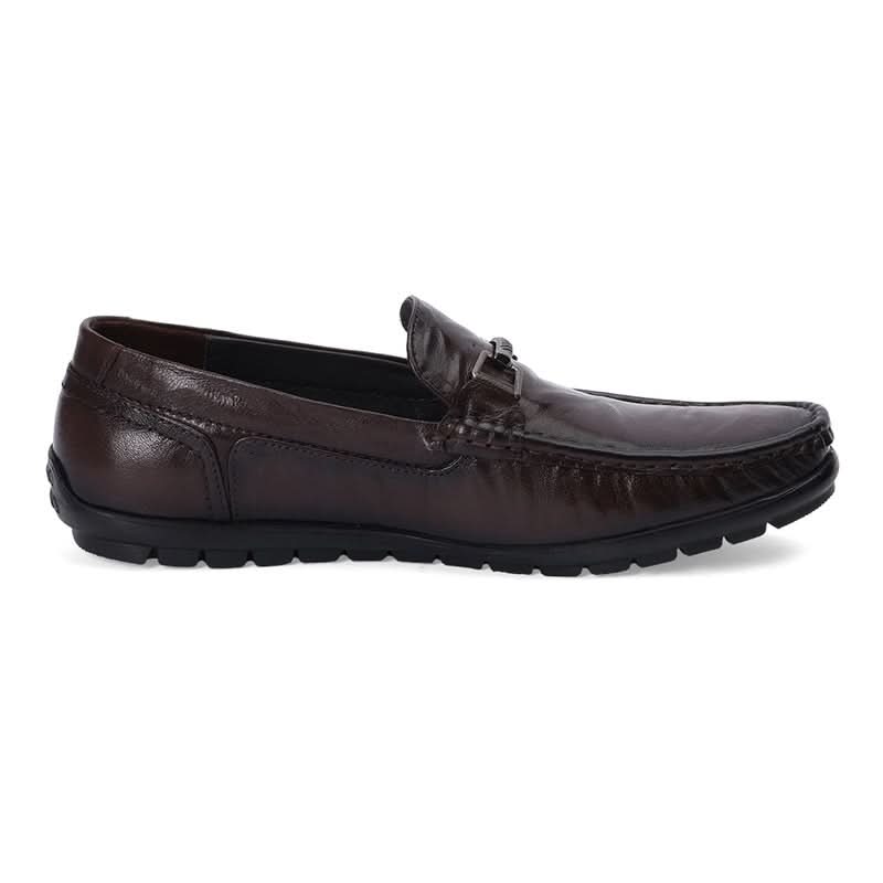 Dark Brown Leather Loafers with Buckle Accent