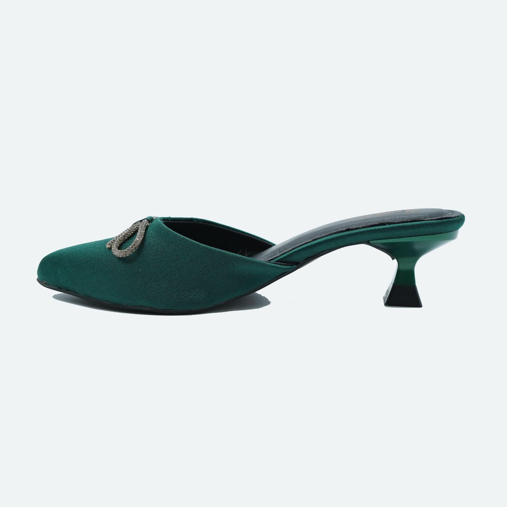 Dark-Green Solid Bow Kitten Mules