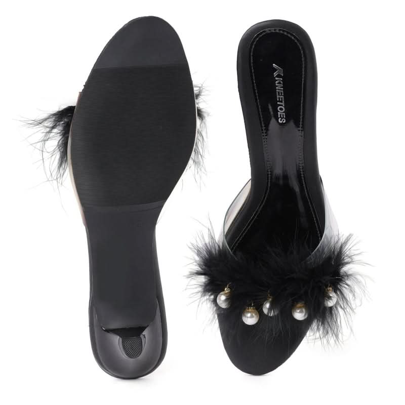Black Soft Fur pearl Kitten Heels