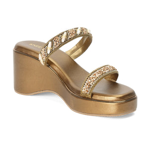 Embellished Bronze Open-Toe Sandals With Wedge Heel