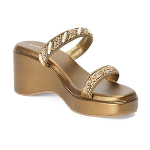 Embellished Bronze Open-Toe Sandals With Wedge Heel