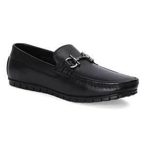 Black Leather Loafers with Buckle Accent
