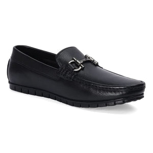 Black Leather Loafers with Buckle Accent
