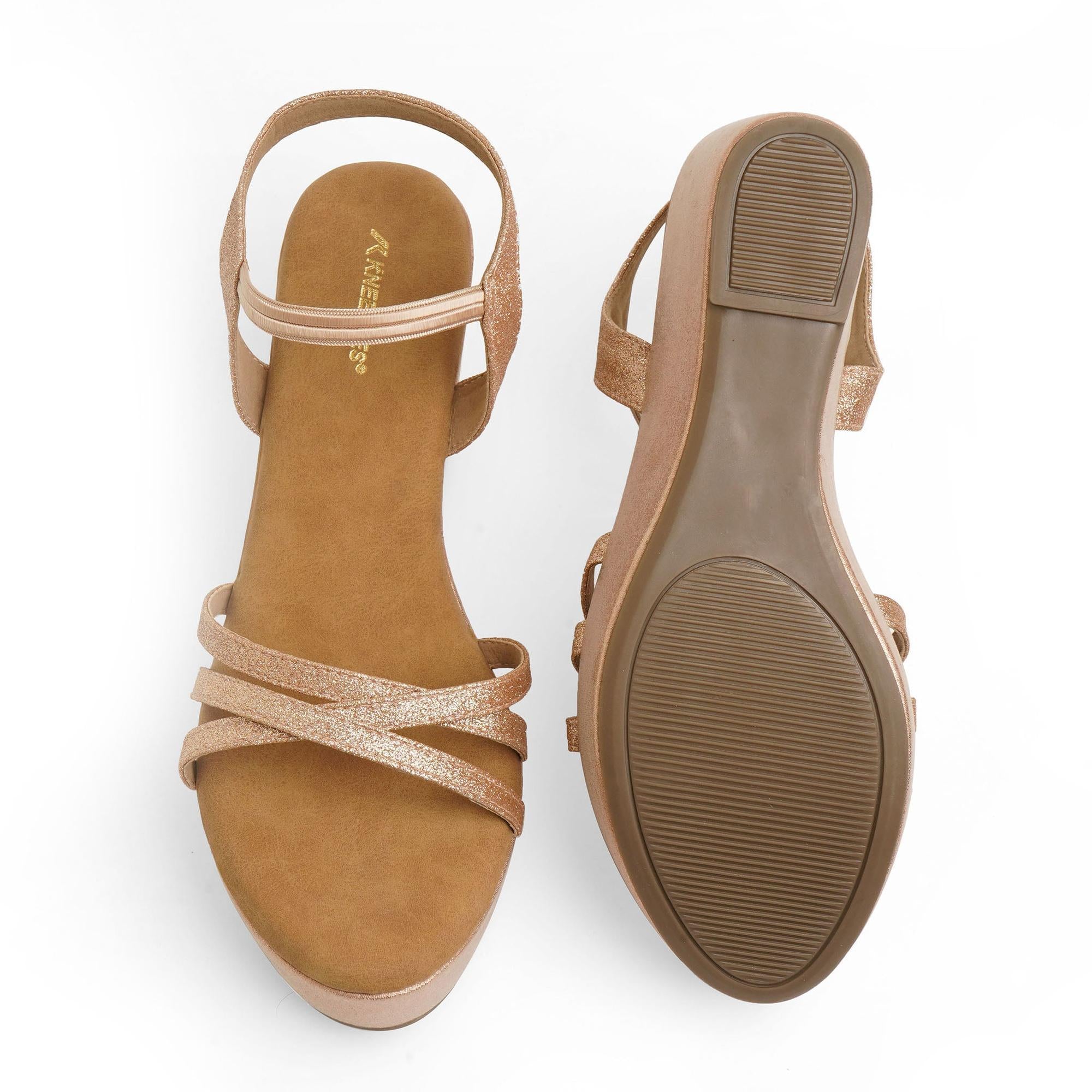 Rose-Gold Shimmer Criss-Cross Wedge Sandals