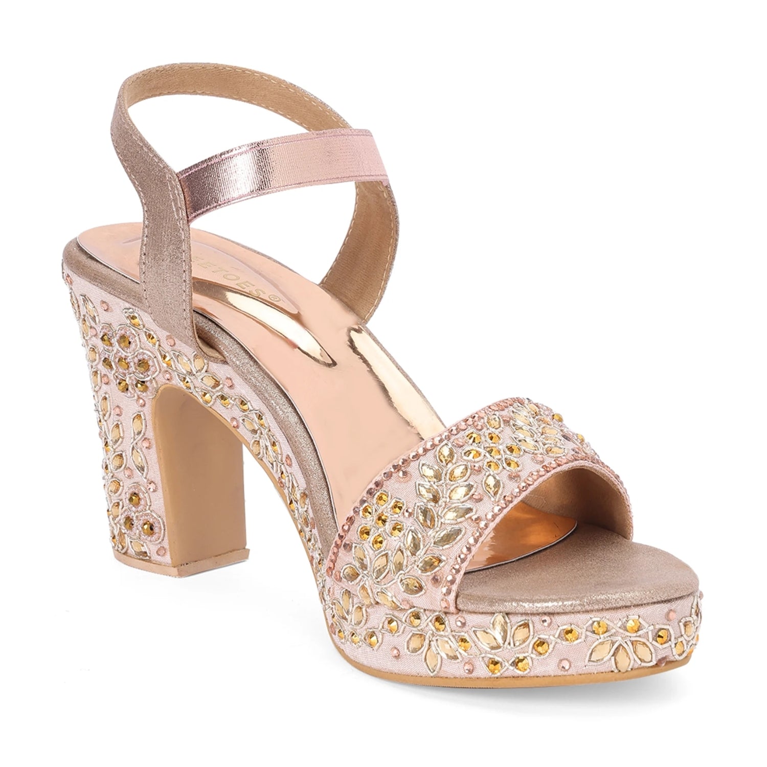 Premium Embellished Rose-Gold Block Heel Sandals