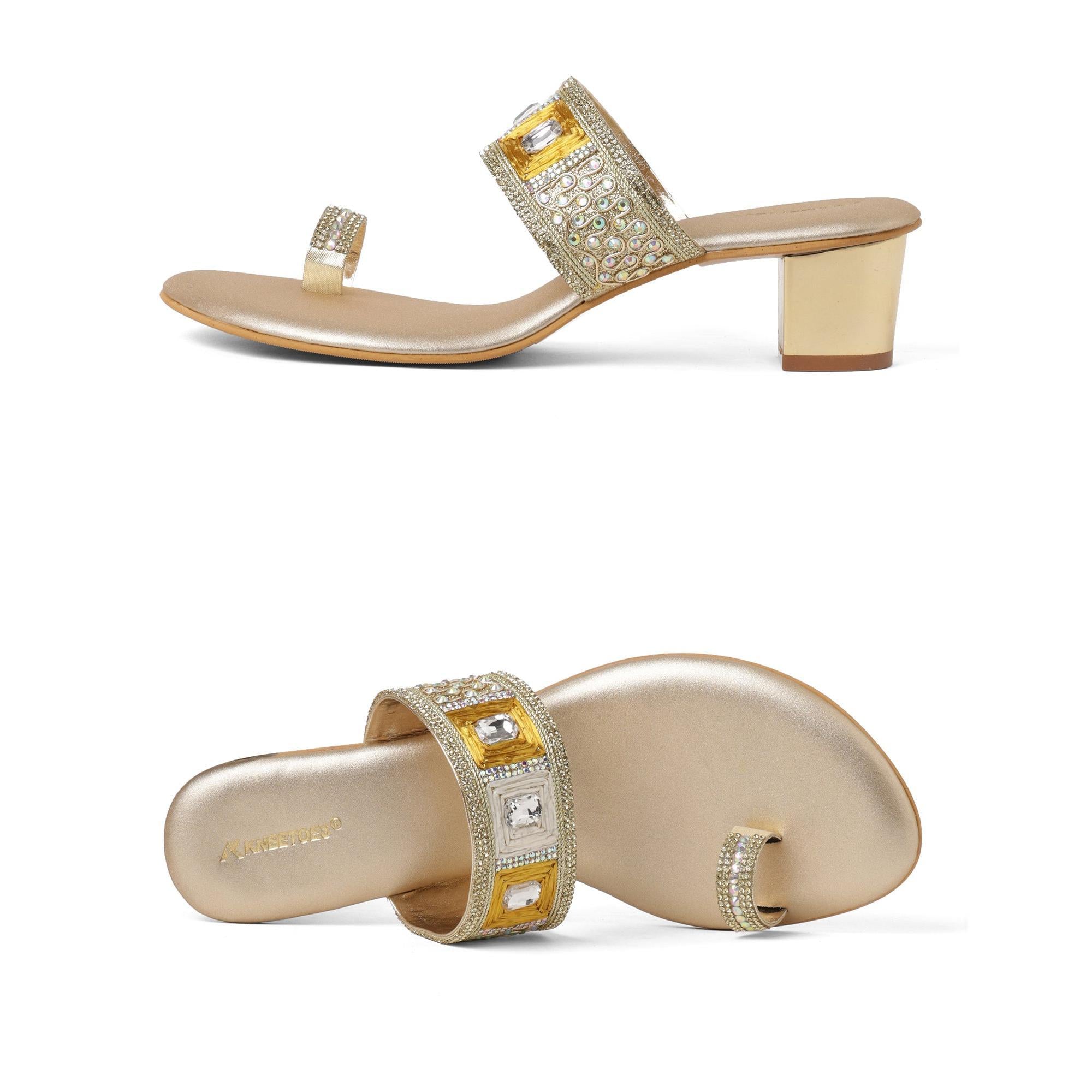 Glam Studded Champagne Block Heel Sandals