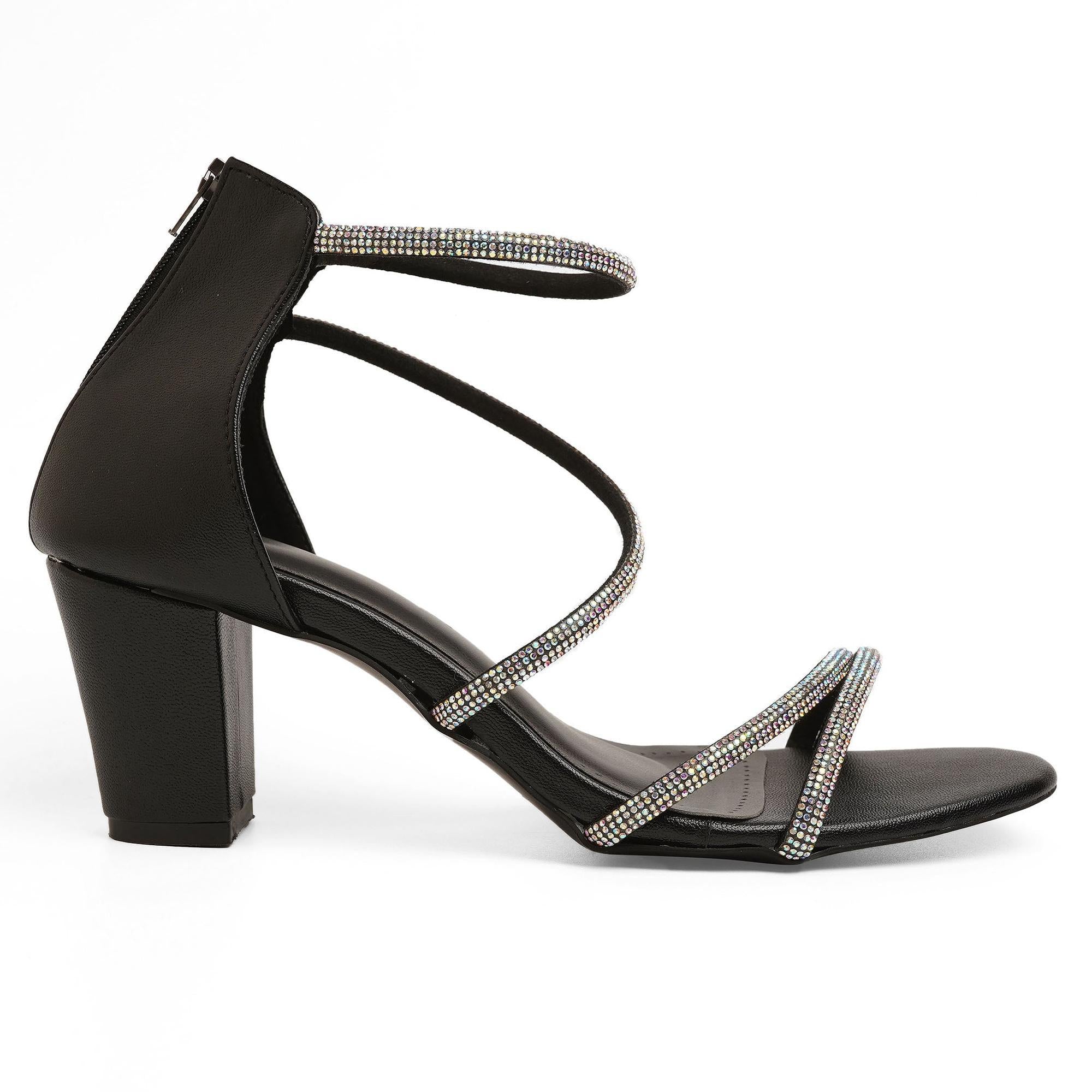 Sparkly Black Block Heel Party Sandals