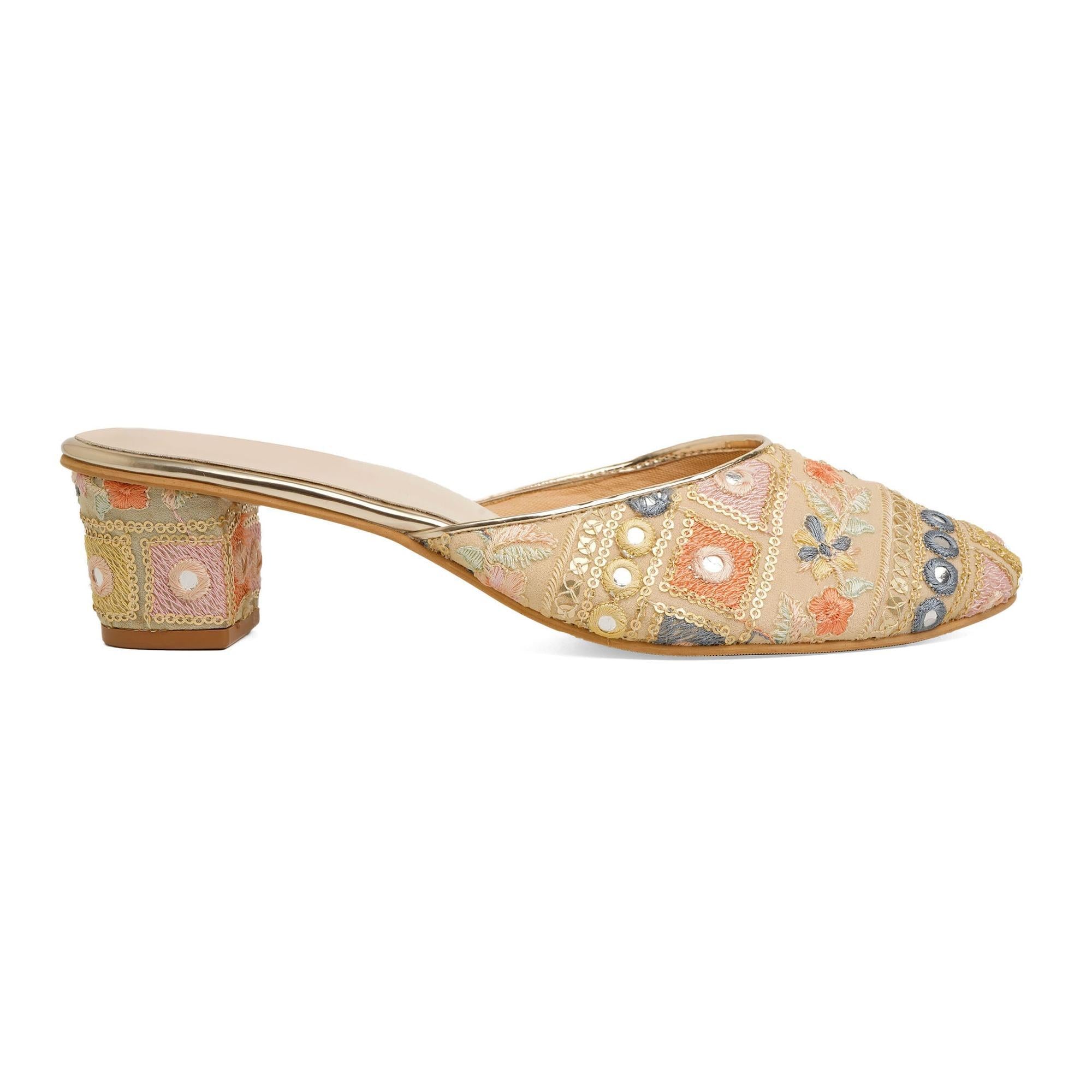 Luxe Beige Embroidered Block Sandals