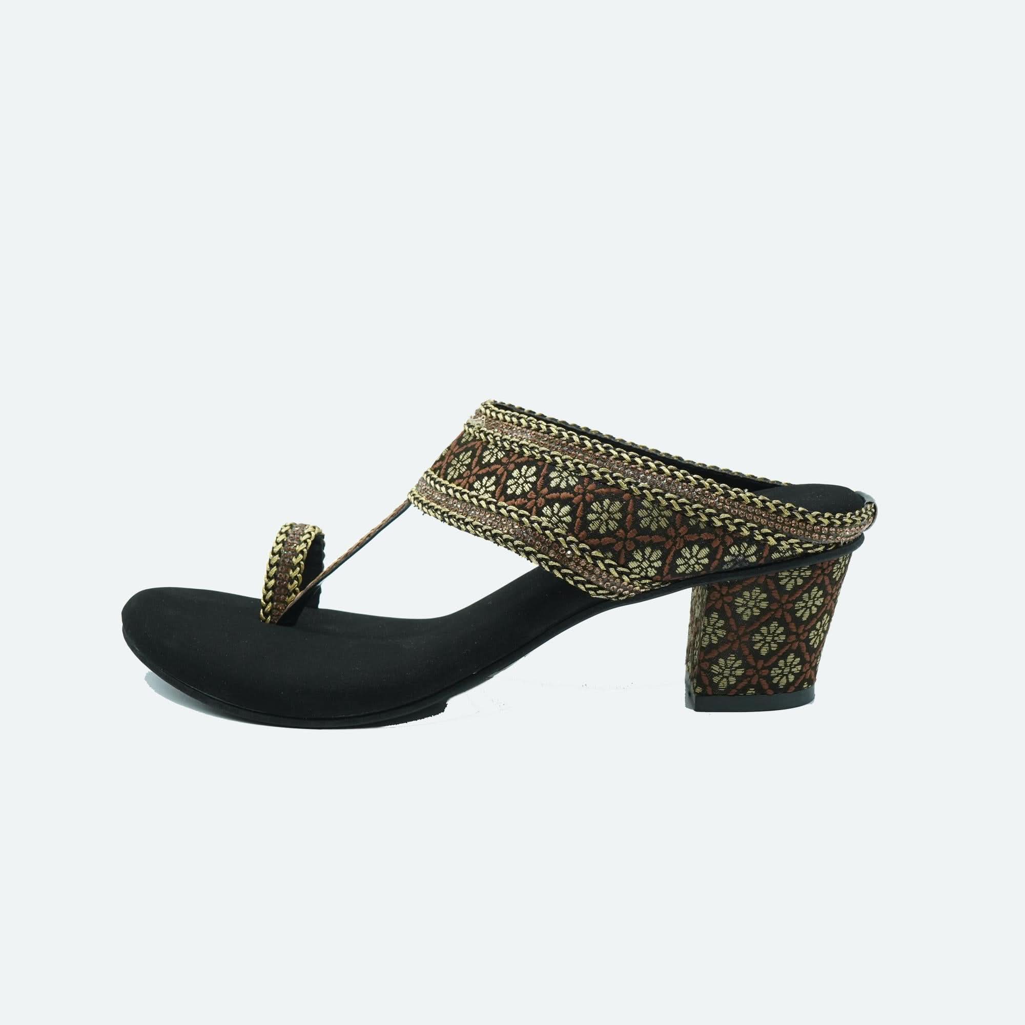 Elegant Black Ethnic-Motif Block Heels