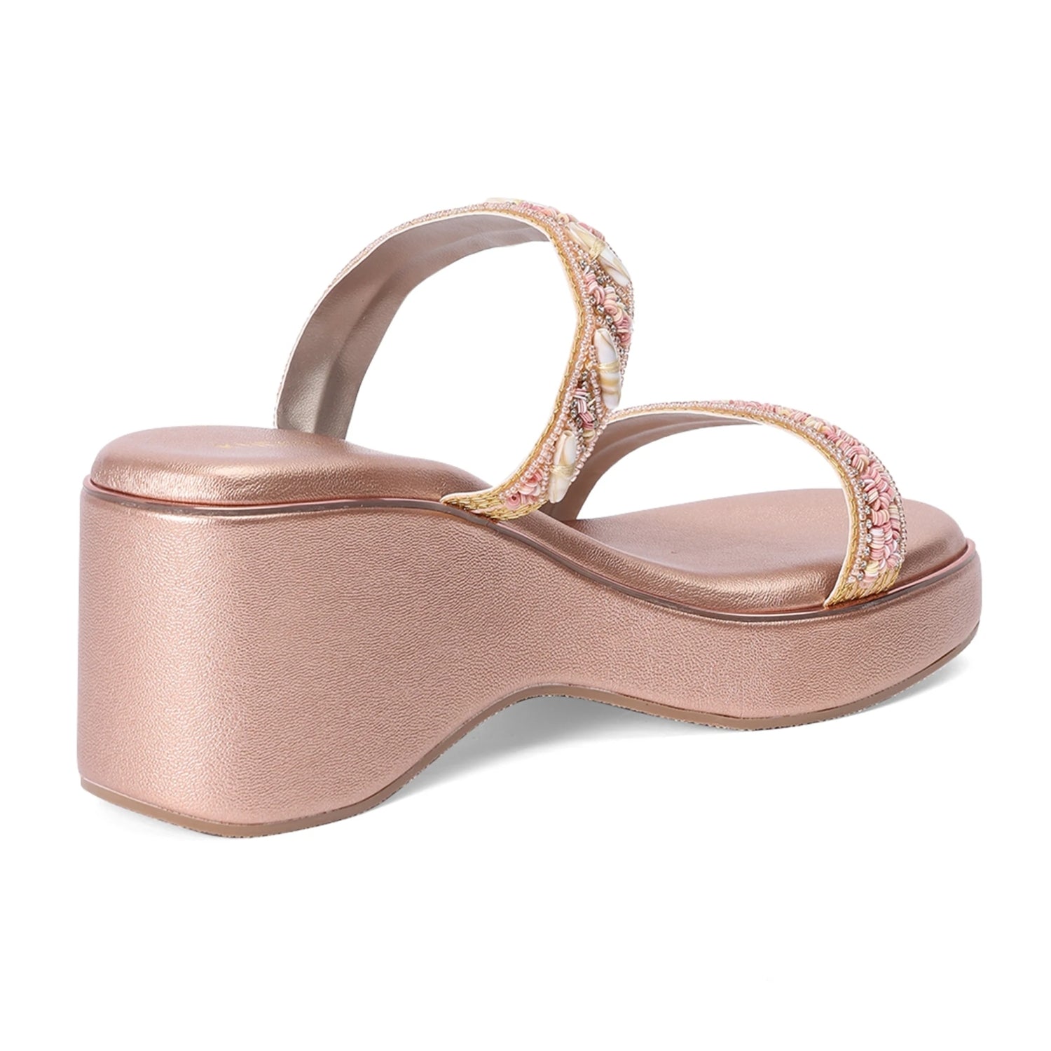 Rose-Gold Open-Toe Embellished Sandals With Wedge Heel