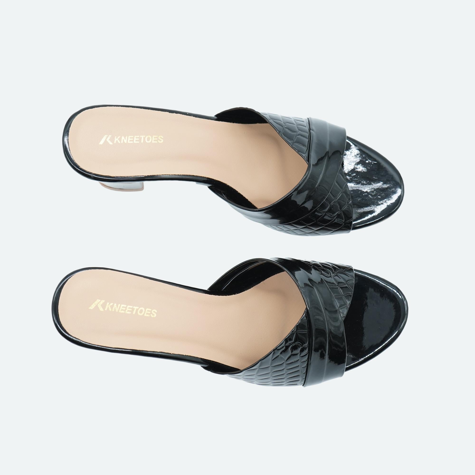 Black Textured Block Heel Sandals